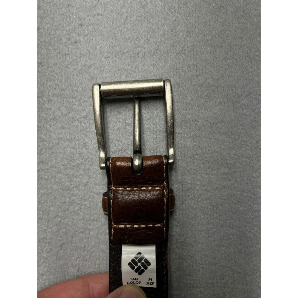Columbia Mens Leather Belt 34 Tan Brown Textured Contrast Stitch rugged 11CO0289